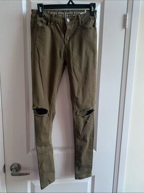 High-Rise Olive Green Skinny Jeans with Knee Rips